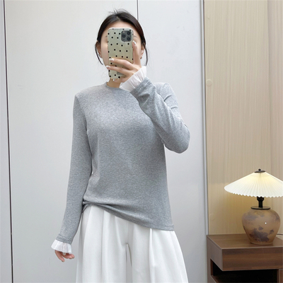 惠衣阁秋冬女棉质长袖圆领T恤衫韩版休闲纯色打底上衣弹力打底衫