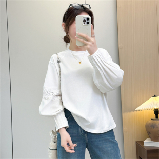 白色T恤韩版 t恤衫 宽松休闲蕾丝花边白色上衣 女棉质长袖 惠衣阁春季
