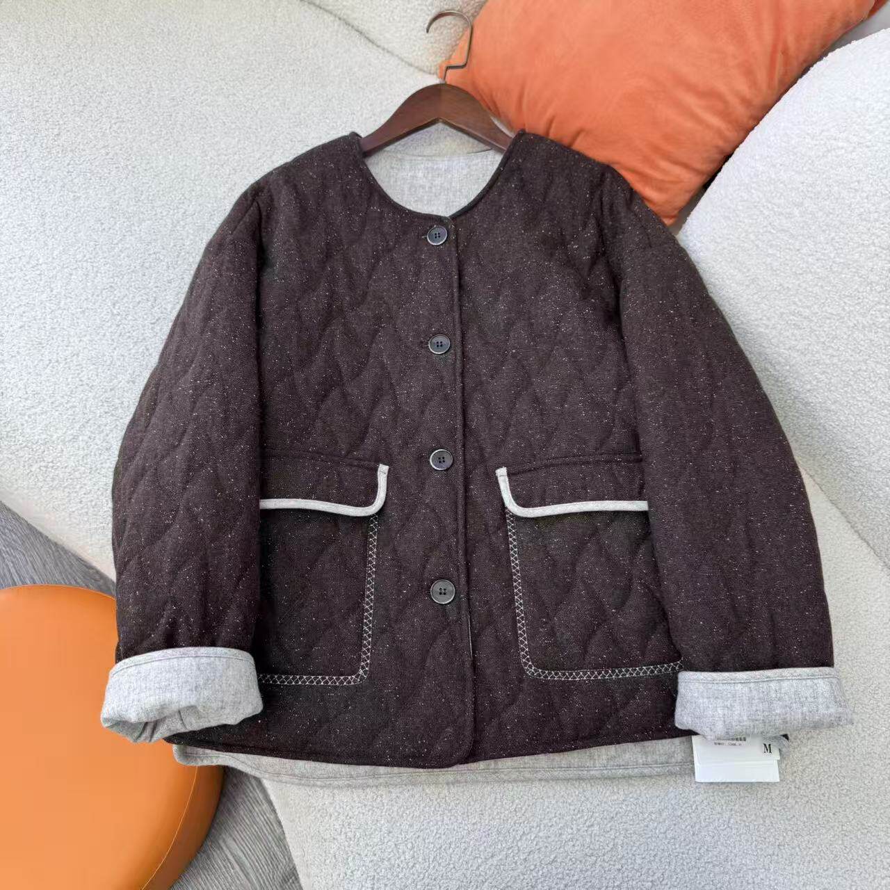 惠衣阁秋冬女圆领棉衣棉麻棉袄韩版复古文艺菱形压线棉服外套