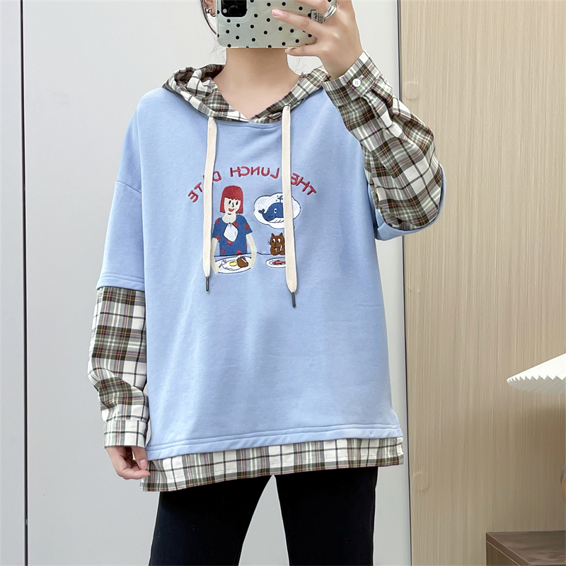 惠衣阁秋女毛圈棉卫衣假两件外套韩版宽松休闲连帽卫衣长袖运动衫