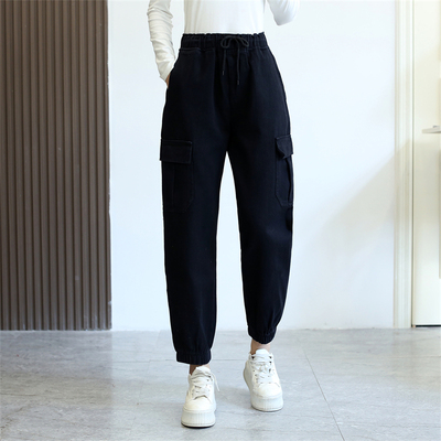 惠衣阁秋季女水洗棉休闲裤松紧腰高腰九分裤韩版宽松工装裤束脚裤