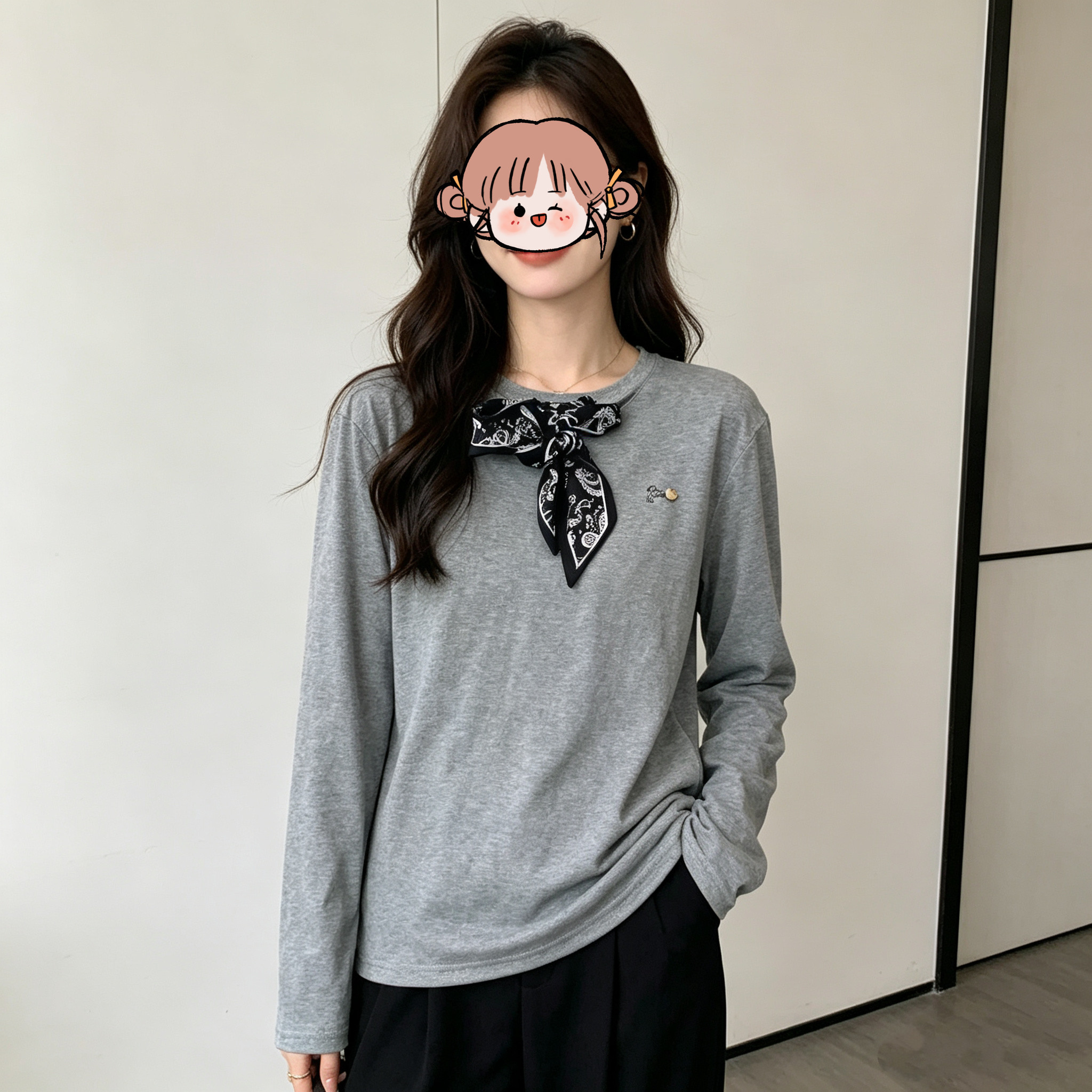 惠衣阁春季女棉质长袖t恤衫圆领打底上衣宽松休闲纯色T恤送丝巾