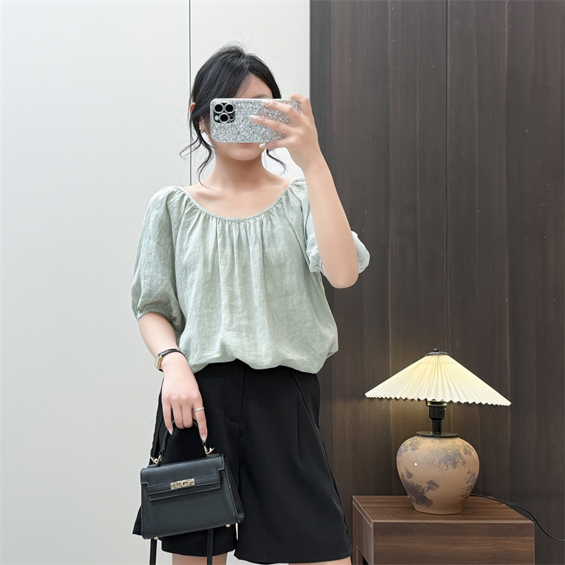 惠衣阁夏季女苎麻衬衫短袖衬衫韩版宽松文艺亚麻衬衣大领子上衣