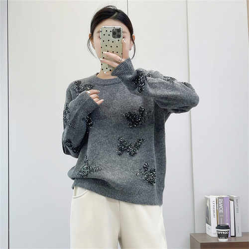 惠衣阁秋冬女长袖圆领针织衫套头毛衣韩版休闲通勤亮片针织上衣