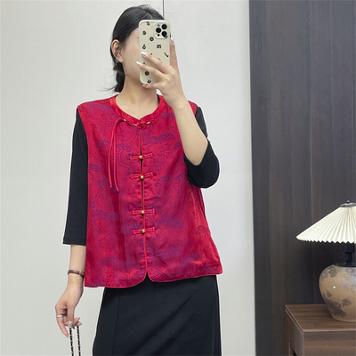 惠衣阁春季女立领马夹断面印花马甲新中式盘扣马甲国风背心上衣