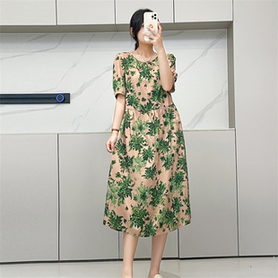惠衣阁夏季女短袖连衣裙印花长裙韩版宽松高腰中长裙优雅妈妈裙