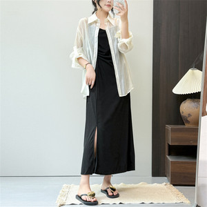 惠衣阁夏季女两件套装长袖衬衫后背开叉防晒衣吊带裙长裙连衣裙