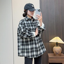 惠衣阁春季女加绒衬衫中长款衬衫韩版宽松休闲毛呢薄外套格子衬衫