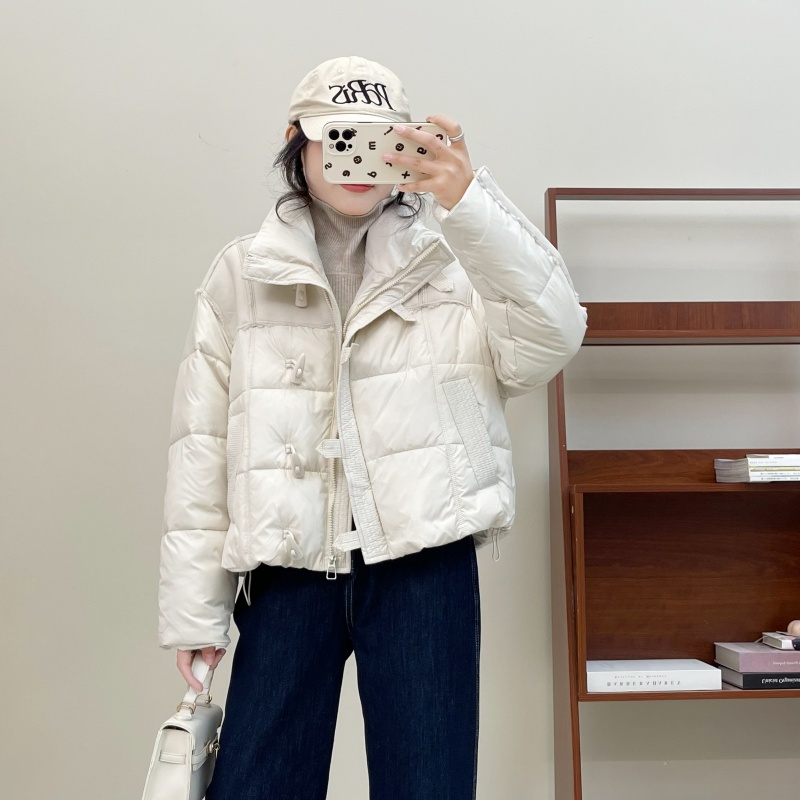 惠衣阁秋冬女立领羽绒服牛角扣羽绒外套韩版休闲PU拼接短款羽绒服