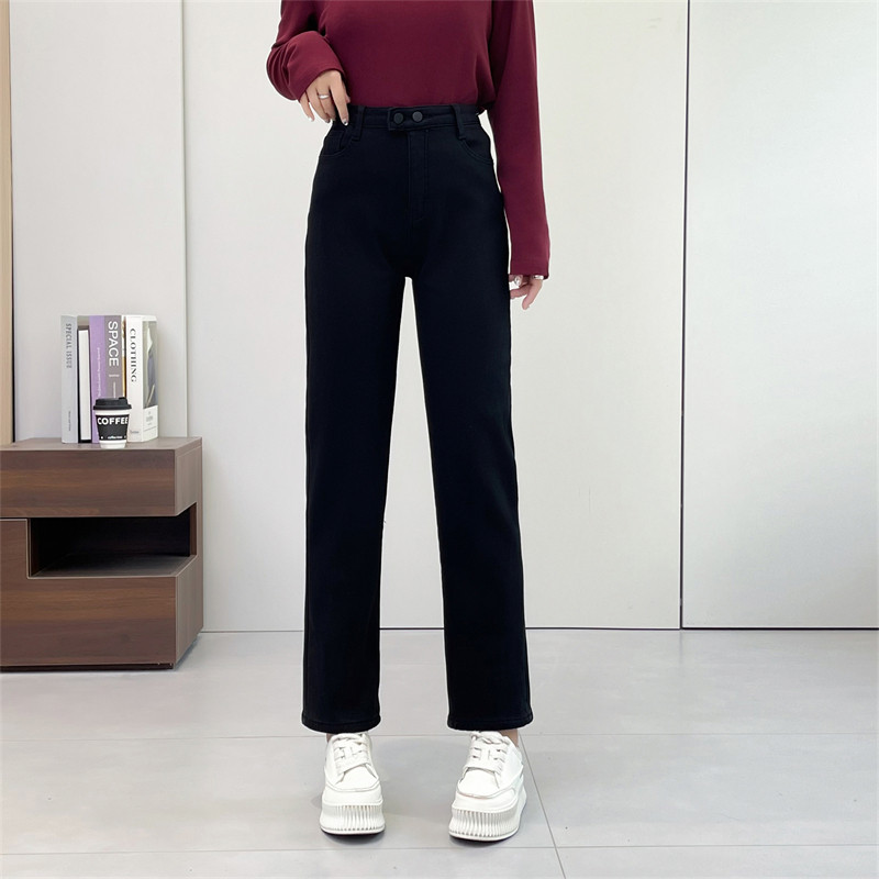 惠衣阁秋冬女高腰牛仔裤加绒牛仔裤韩版休闲弹力加绒牛仔直筒裤