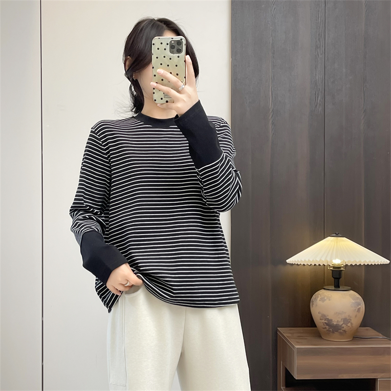 惠衣阁秋冬女棉质长袖t恤衫圆领条纹T恤衫韩版宽松休闲条纹打底衫