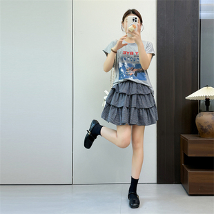 惠衣阁夏女两件套装棉质短袖t恤衫休闲甜美半身裙格子短裙蛋糕裙