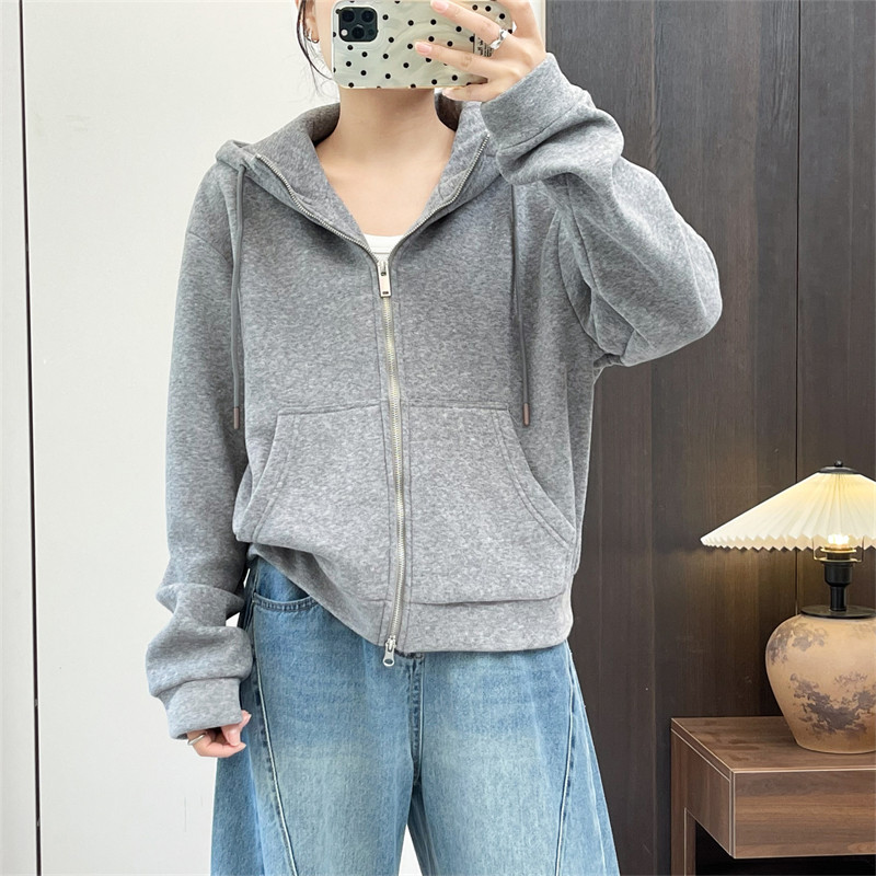 惠衣阁冬长袖连帽卫衣加绒卫衣短款外套韩版休闲拉链衫加绒运动衫