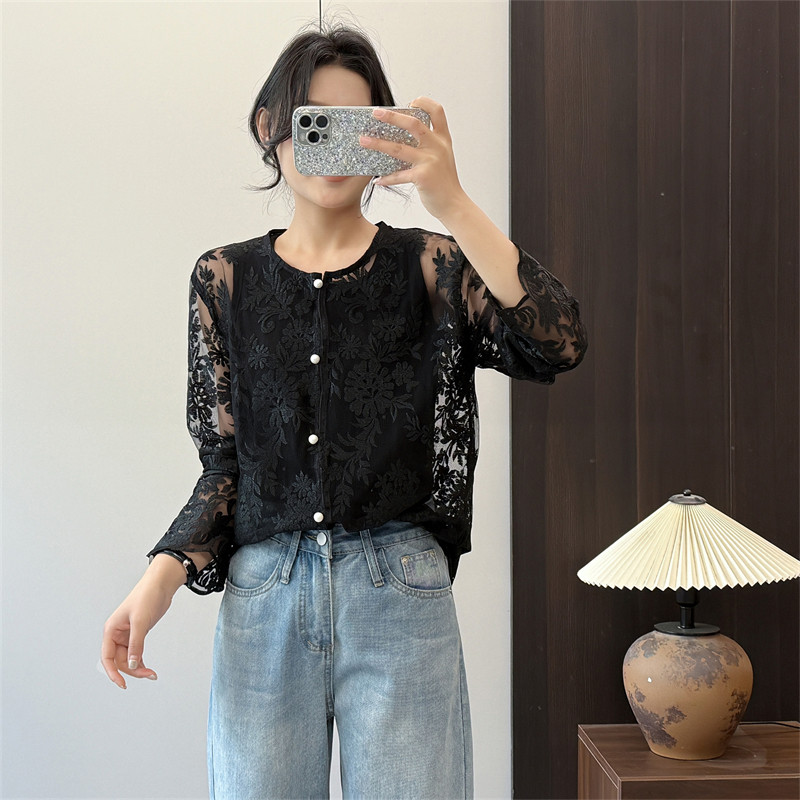 惠衣阁春夏女长袖衬衫国风衬衫韩版复古蕾丝衬衣暗花上衣防晒衣
