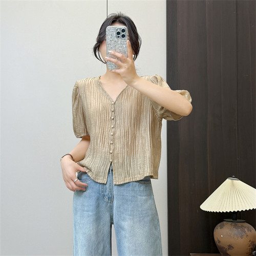 惠衣阁夏季女短袖衬衫V领衬衣韩版通勤休闲短款上衣短款衬衫