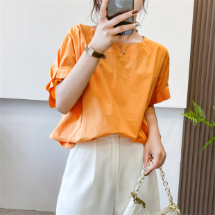 惠衣阁夏季女棉质短袖中长款衬衫宽松休闲前短后长衬衫后开叉上衣