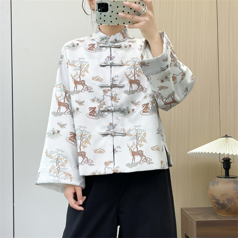 惠衣阁秋季女长袖立领外套新中式盘扣外套复古印花外套中山装上衣