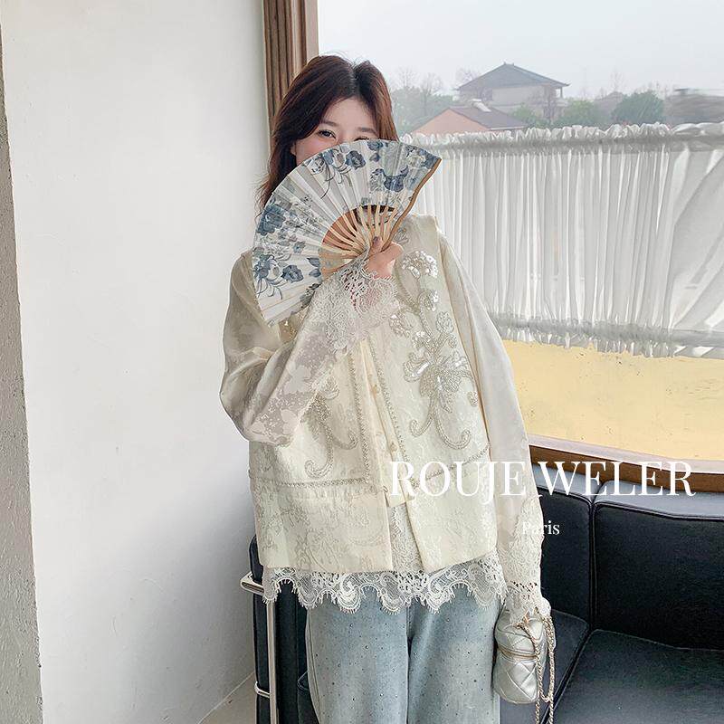 ROUJEWELER米色新中式马甲套装女