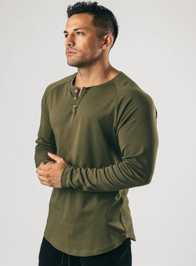 复古重磅亨利衫长袖t恤纯色运动健身打底衫男纯棉弹力薄款V领开衫