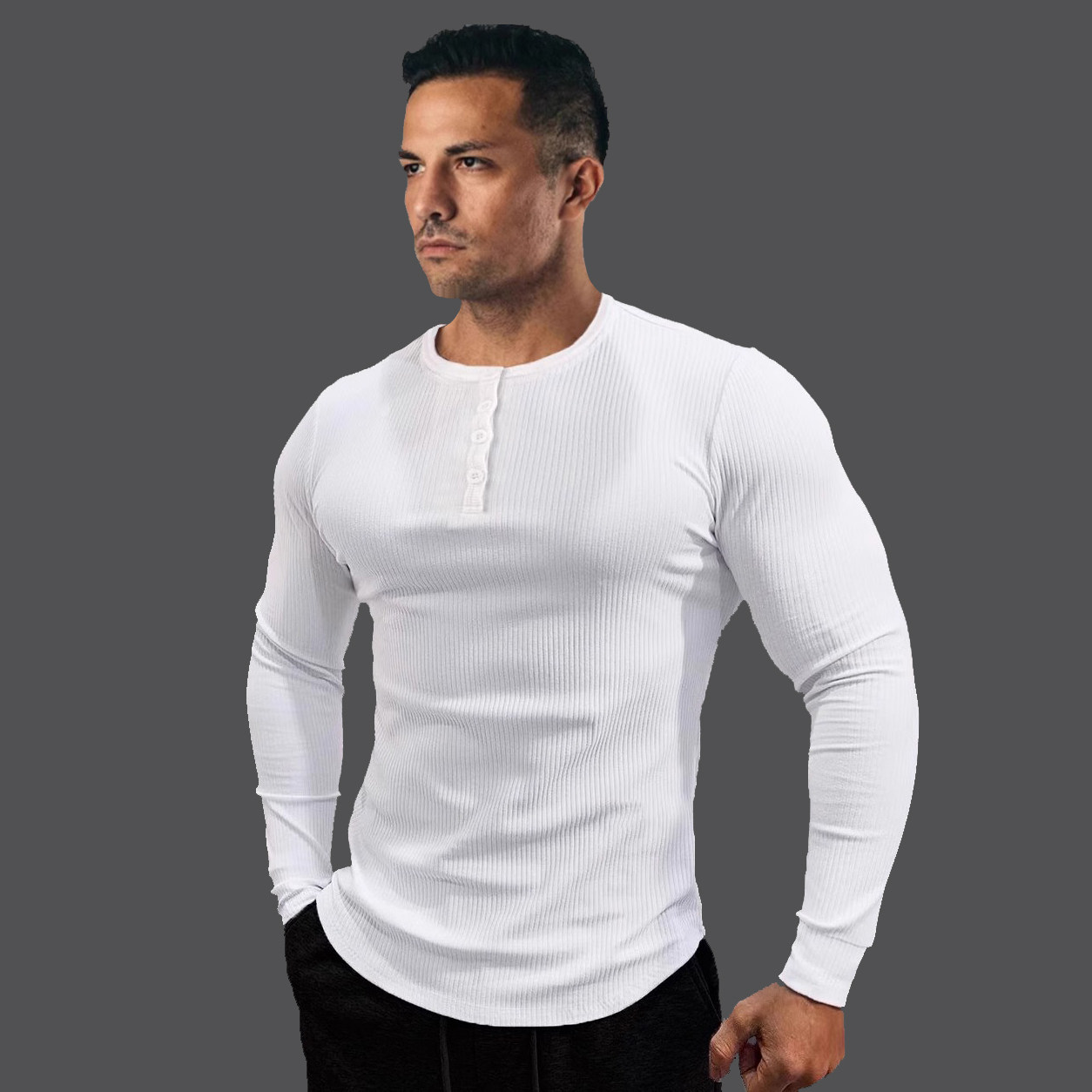 肌肉型男兄弟健身训练打底衫螺纹紧身衣弹力修身长袖运动亨利衫秋
