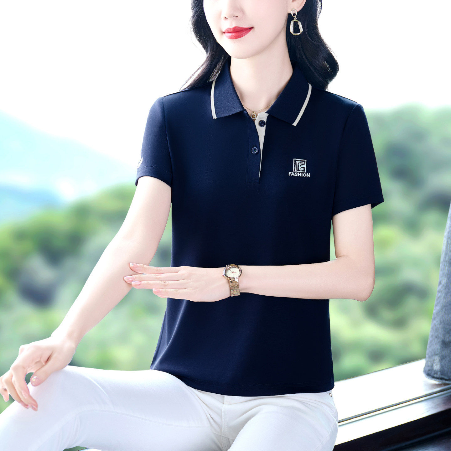 修身型常规短袖POLO衫女夏季薄款显瘦气质翻领上衣T恤2026年新款