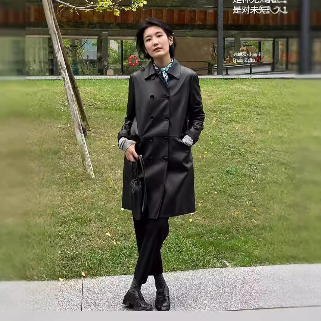 皇室英伦风双排扣小方领绵羊皮皮衣中长款气质新西兰进口真皮风衣