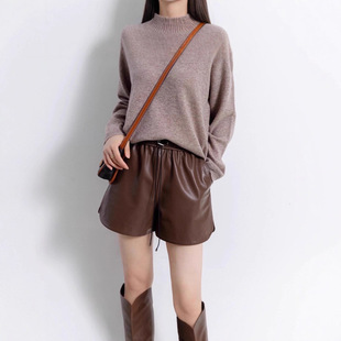 亲肤柔软腻绵羊皮松紧腰智囊真皮短裤女新款圆角下摆小羊皮直筒裤