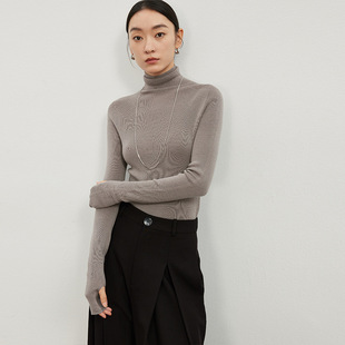 舒适好搭无缝一体精纺全羊毛毛衫女装25秋冬手指套针织衫高领毛衣