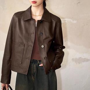 北欧港湾飒美摩登全植鞣绵羊皮轻涂胎羊皮皮衣外套女短直筒皮夹克
