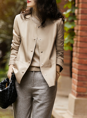 高品质柔软进口绵羊皮圆领简约真皮皮衣女直筒新款小羊皮外套短款