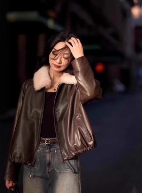 【温暖前行】双核保暖羊羔毛领通勤绵羊皮羽绒服短款休闲真皮皮衣