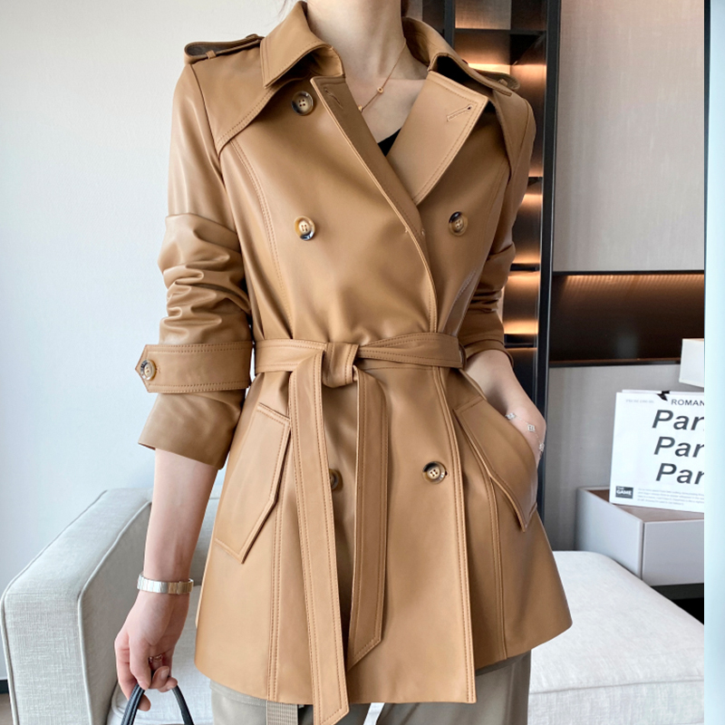 复古双排扣系带收腰中长羊皮皮衣