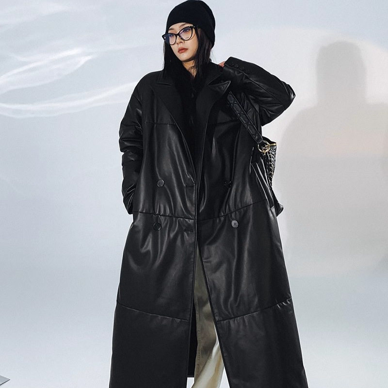 加长过膝系带收腰绵羊皮羽绒服女秋冬款洋气双排扣真羊皮鹅绒皮衣