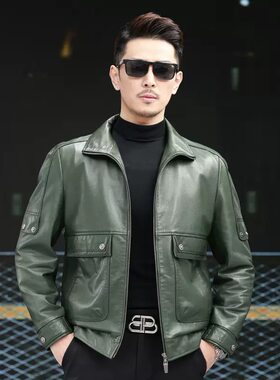 军绿色油腊头层牛皮皮衣男短款