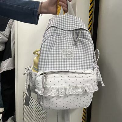 日系ins风双肩包女 2026新款格纹波点少女书包初高中大学轻便背包