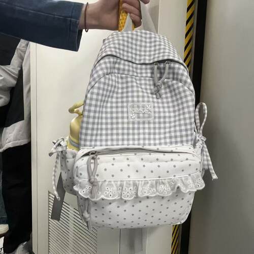 日系ins风双肩包女 2026新款格纹波点少女书包初高中大学轻便背包