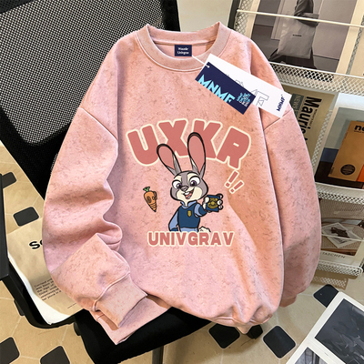 秋冬款洋气兔子警官印花女童加绒扎染圆领卫衣中学生洋气百搭上衣