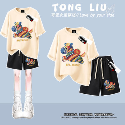 彩虹小马仿刺绣女童夏季纯棉t恤短袖短裤套装学院风中大童两件套