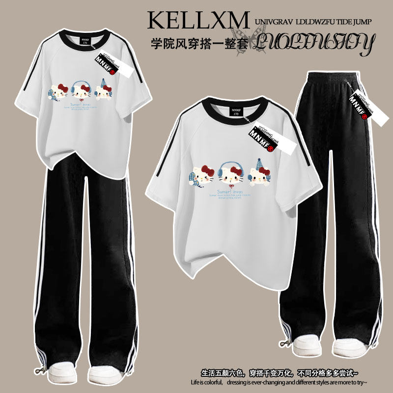 女童纯棉三条杠短袖长裤夏季洋气猫咪印花中大童宽松时尚两件套潮