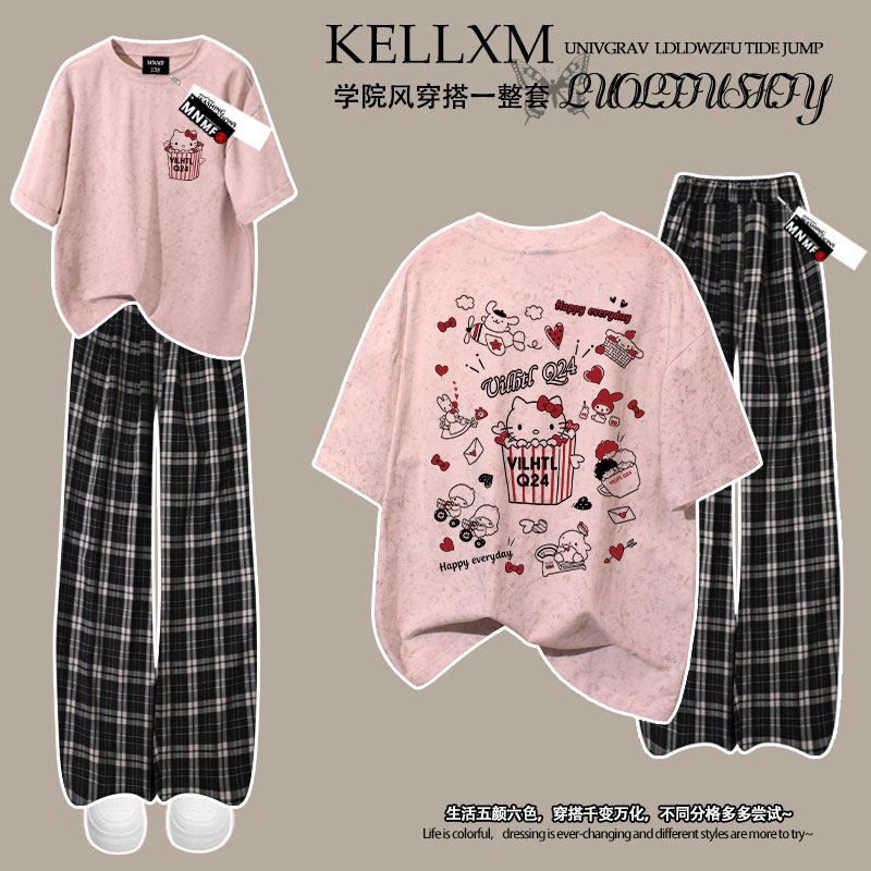 女童可爱猫咪印花2026夏季纯棉扎染短袖T恤格子裤套装时尚宽松ins