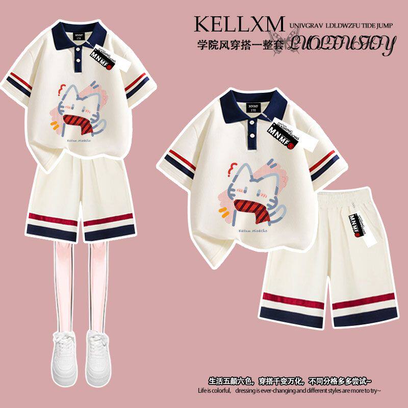 2026夏季款可爱线条猫咪印花女童Polo衫t恤短袖短裤套装学生时尚