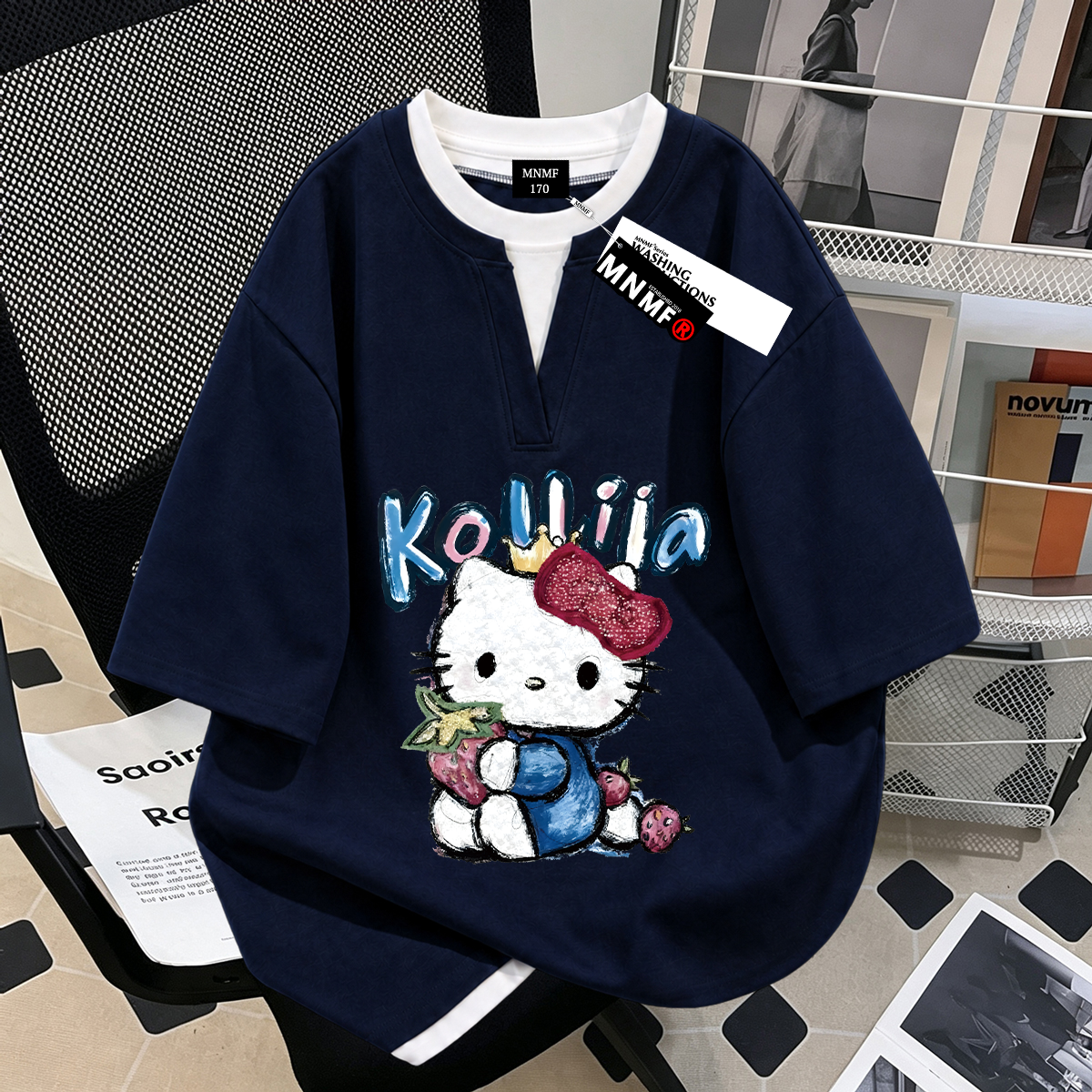 夏季美式潮牌猫咪印花女童假两件POLO衫短袖初中生时尚韩版上衣潮