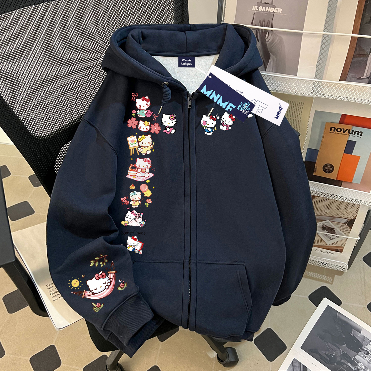 女童拉链开衫外套2025秋冬洋气ins猫咪印花学生潮牌宽松加绒卫衣