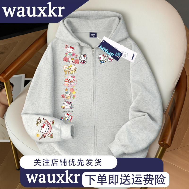 女童2025秋冬款加绒拉链连帽卫衣猫咪印花中大童学院风宽松上衣潮