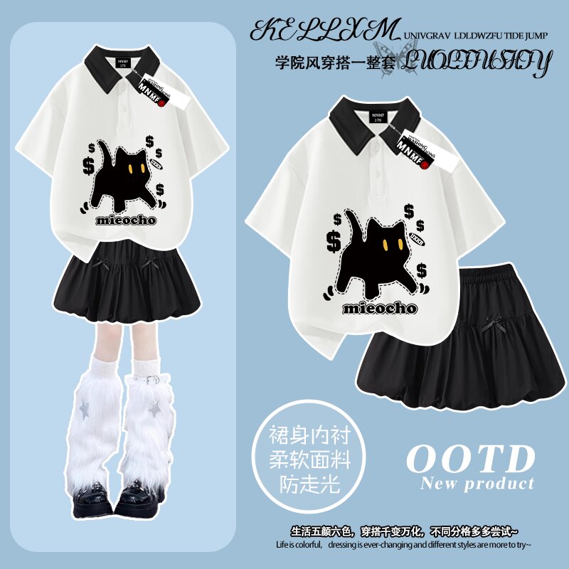 女童韩版猫咪印花夏季多款纯棉POLO衫短袖花苞裙套装洋气时尚ins