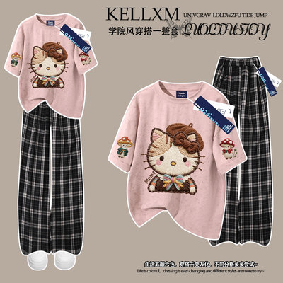 洋气猫咪仿刺绣100%纯棉夏季女童扎染短袖T恤格子裤休闲宽松套装