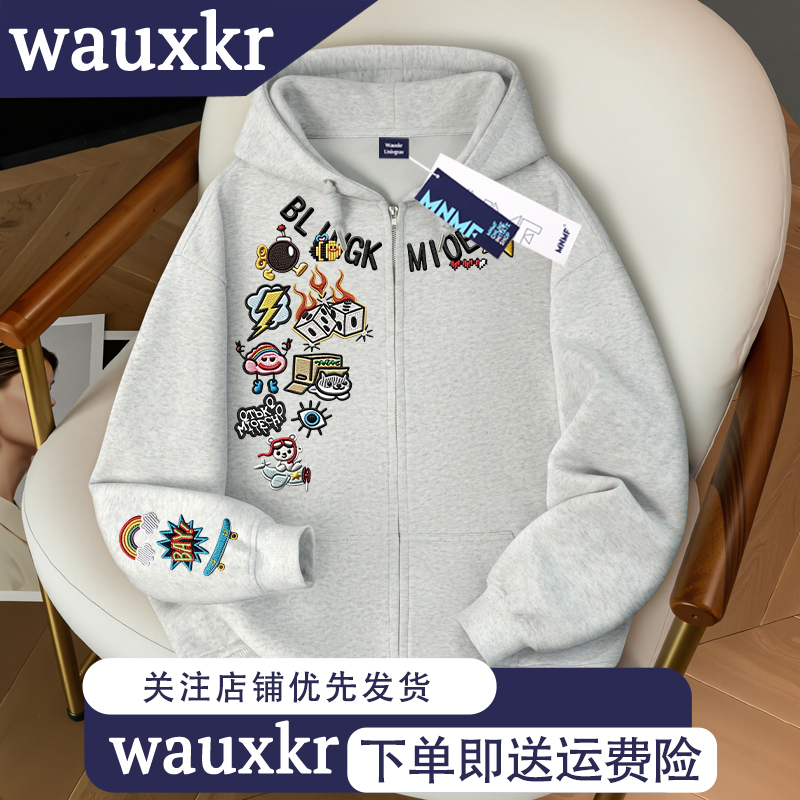 秋冬款新款卡通涂鸦印花男女童设计拉链连帽卫衣中大童加绒外套潮