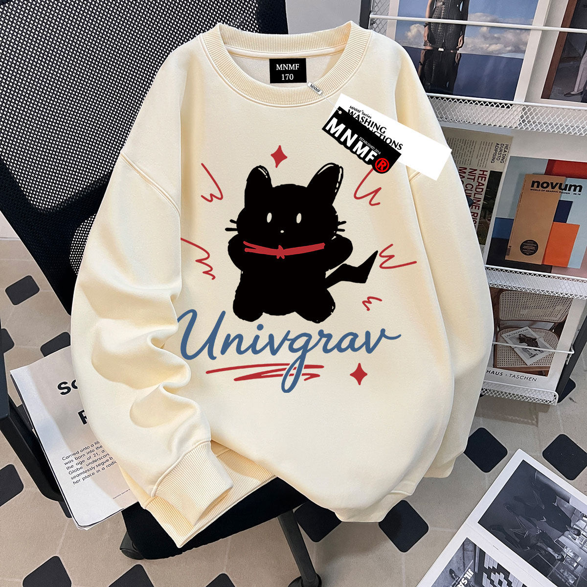 女童秋冬季韩版可爱猫咪印花圆领卫衣学生宽松oversize上衣加绒款