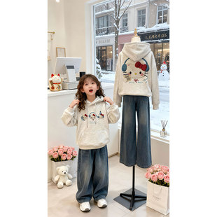 秋冬季女童加绒连帽卫衣2025新款仿刺绣卡通KT猫中大童加厚上衣潮