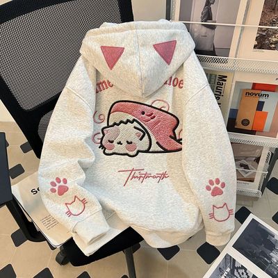 2025秋冬季新款仿刺绣印花男女童卡通猫咪加绒连帽卫衣中大童上衣